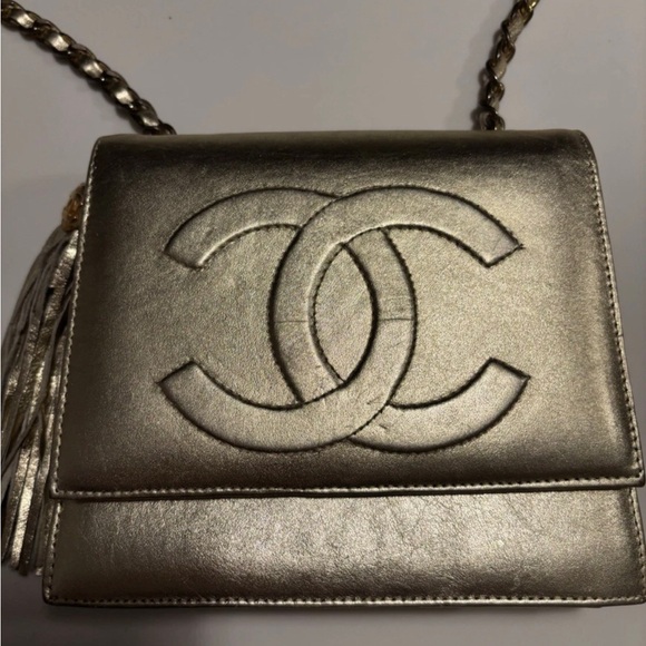 Chanel bag vintage CC bronze chain strap Classic Logo with tassel purse - Picture 1 of 5
